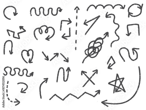 Hand-drawn chalk arrows, and doodle elements. Vector charcoal and crayon black sketch strokes