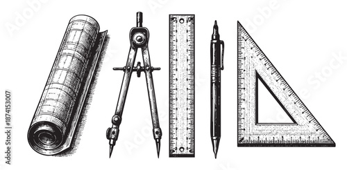 A vintage-style illustration depicts essential drafting tools, including a rolled blueprint, compass, ruler, pen, and triangle, arranged against a white background.