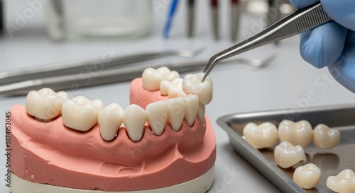 Teeth replacement process, showcasing a dental technician in blue gloves, working. Prosthetic crown placement in a dental clinic.