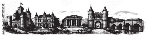 A detailed black and white illustration showcases a panorama of diverse historic architecture including a castle, mansion, temple, and bridge, evoking a sense of timeless grandeur.