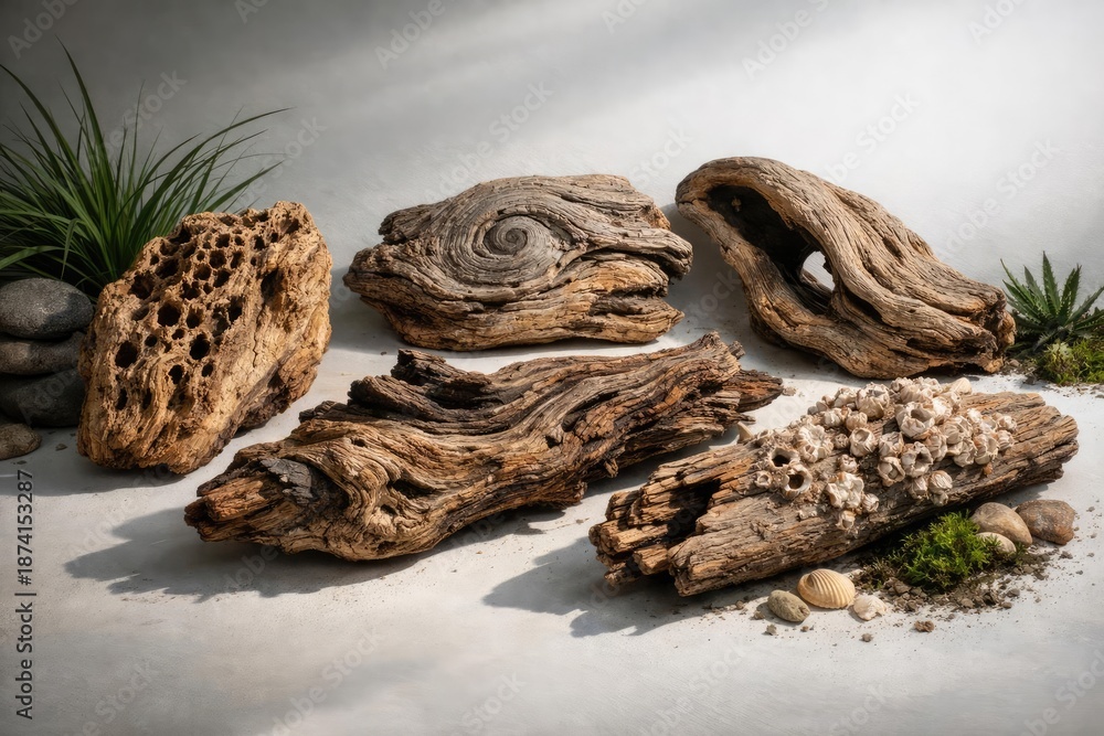 Obraz premium Array of driftwood with unique surface patterns set against a white background complemented by plants