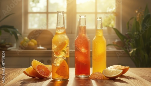 Variety of fruit juice bottles with orange, grapefruit, apple, and multifruit flavors, suitable for beverage branding