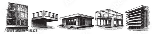 A collection of black and white architectural sketches showcases modern building designs, including minimalist houses, balconies, and window facades, ideal for design inspiration.