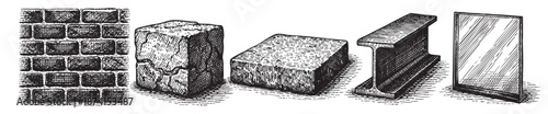 A detailed illustration showcasing various construction materials including brickwork, stone, and metal beams, rendered in a classic, vintage etching style with strong linework and shading.