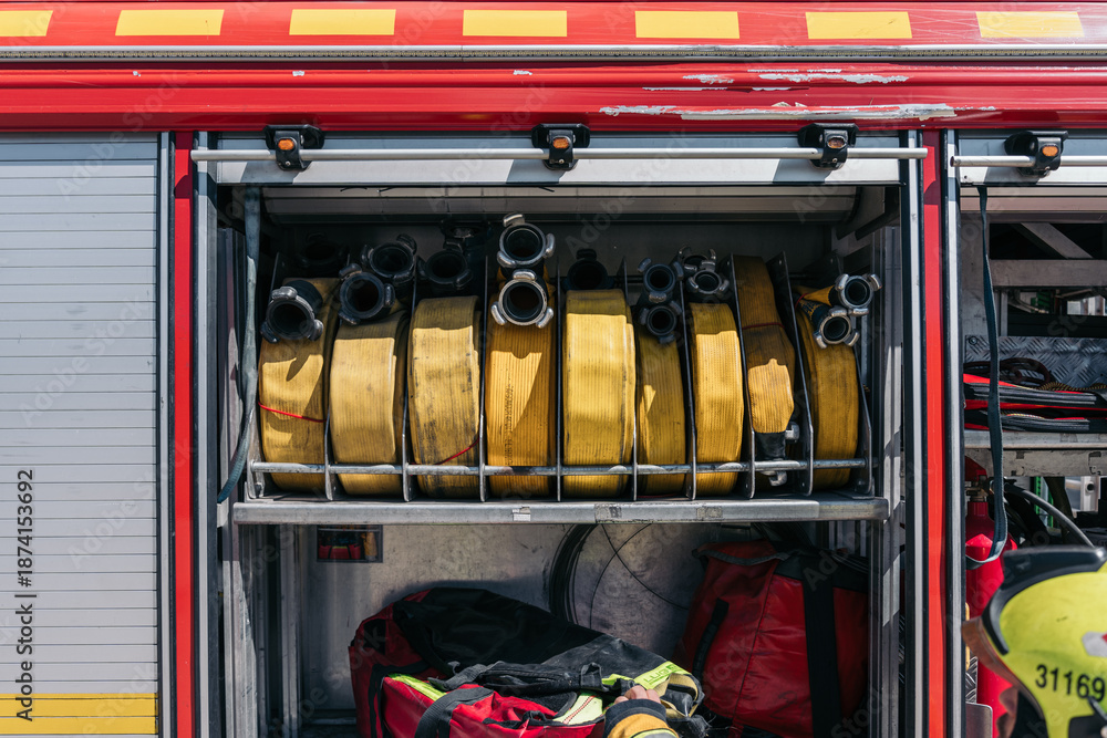 Obraz premium Fire truck compartment storing rolled up yellow hoses and equipment