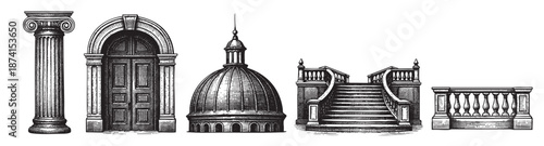 A vintage black and white engraving displays a collection of architectural elements including a column, arched doorway, dome, staircase, and balustrade, evoking classical design and history.