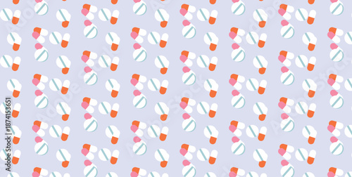Seamless Pattern of Pills and Capsules scattered across background. Repeating medicine tablets and capsules composition. Pharmacy and healthcare theme. Flat Vector Illustration isolated
