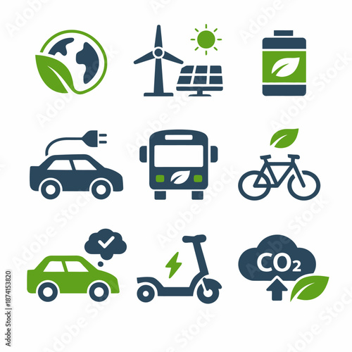Sustainable energy and eco-friendly transportation icons