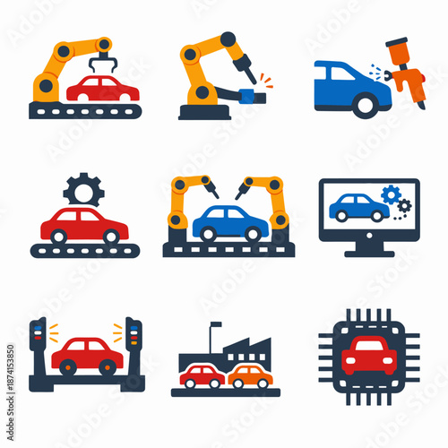 Automated car manufacturing process icons: assembly, robotics, painting, testing, factory, technology