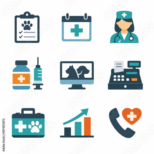 Veterinary icons collection: medical tools, staff, medication, and care essentials
