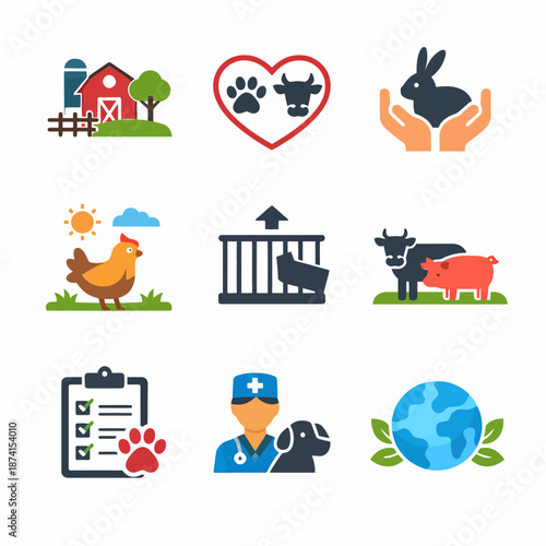 Animal care icons: farm, pets, veterinary, conservation, wellness