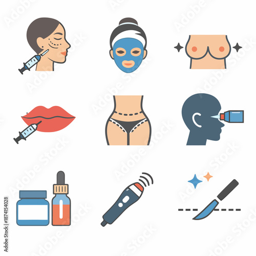 Cosmetic procedures: injections, facials, and surgical tools illustrated in icons
