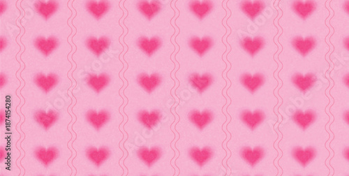 Pink seamless pattern with soft glowing hearts and wavy lines. Romantic Valentine background for wrapping paper, poster, card, banner, or textile. Cute gradient vector illustration
