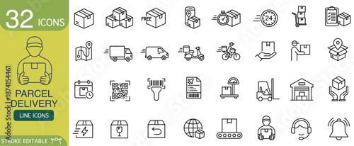 Parcel delivery icon set shows shipping and logistic elements. Efficient courier and transportation symbols like box and truck for reliable service applications