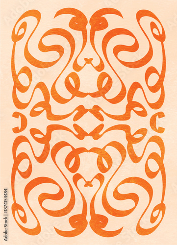 Abstract Decorative Ornament with Orange Curly Ribbon Swirls. Symmetrical Hand Drawn Pattern on Beige Textured Background. Vector Illustration for Posters, Covers, Invitations, Print Design
