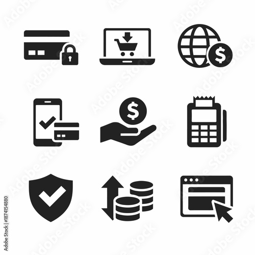 Digital payment icons set featuring cards, e-commerce, security, and transactions