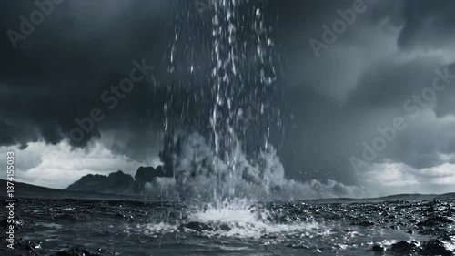 Dramatic rainfall over desolate landscape transforms into stormy skies. 4K video