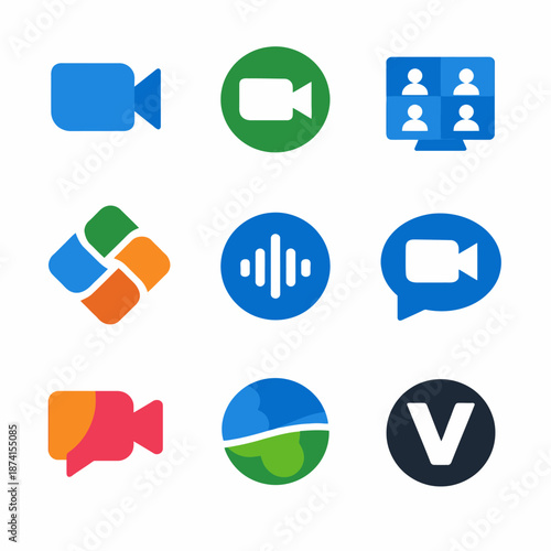 Colorful video conference icon set for online communication and collaboration