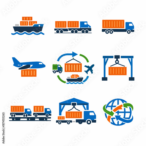 Global shipping logistics icons featuring transport modes and containers