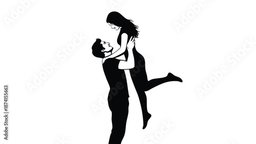 Man lifting woman in romantic embrace silhouette couple
