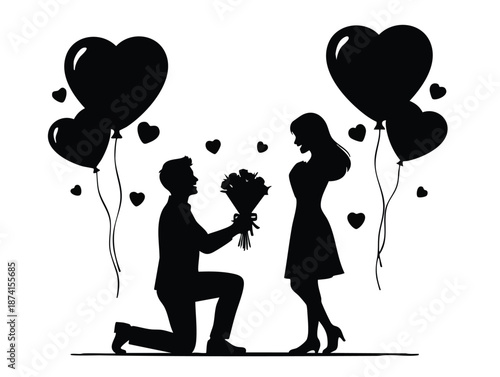 Man proposing with flowers to woman surrounded by heart balloons