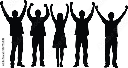 Vector illustration of celebratory human silhouettes—symbols for unity, victory, teamwork, joy, group success, expressive posture, and social connection graphics