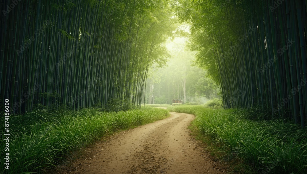 Obraz premium Path through a bamboo forest leading to a rural village, highlighting seasonal change