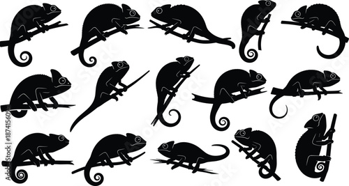 Black chameleon silhouette collection featuring various lizard poses on branches isolated on white background for wildlife design, nature graphics, and tropical lizard vectors.