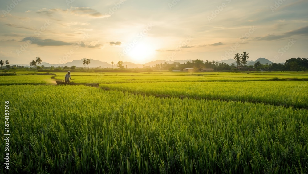Obraz premium Rural Thailand rice paddies with active farmers during planting, highlighting traditional farming practices