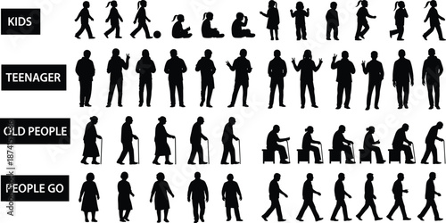Vector illustration of human life stage silhouettes—symbols for kids, teens, elderly, walking motion, posture diversity, and generational activity graphics
