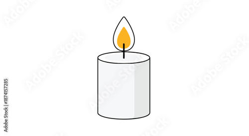 A serene graphic depicts a lit white pillar candle with a warm, steady yellow-orange flame, symbolizing peace, light, and a comforting ambiance in