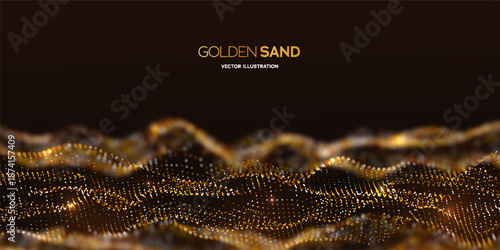 Abstract Golden Sand Wave Made Of Glowing Particles On Dark Background With Depth And Motion. Luxury Golden Sands And Premium Abstract Waves. Vector Illustration