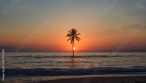 Tropical island coastline with water, sky, and silhouettes during sunset, suitable for travel and nature themes