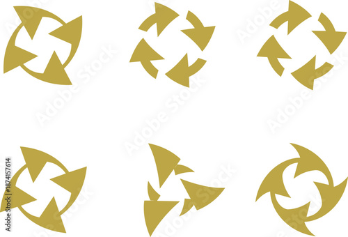 six gold circular arrow icons featuring different rotating and recycling symbols isolated on a white background for business and environmental design.