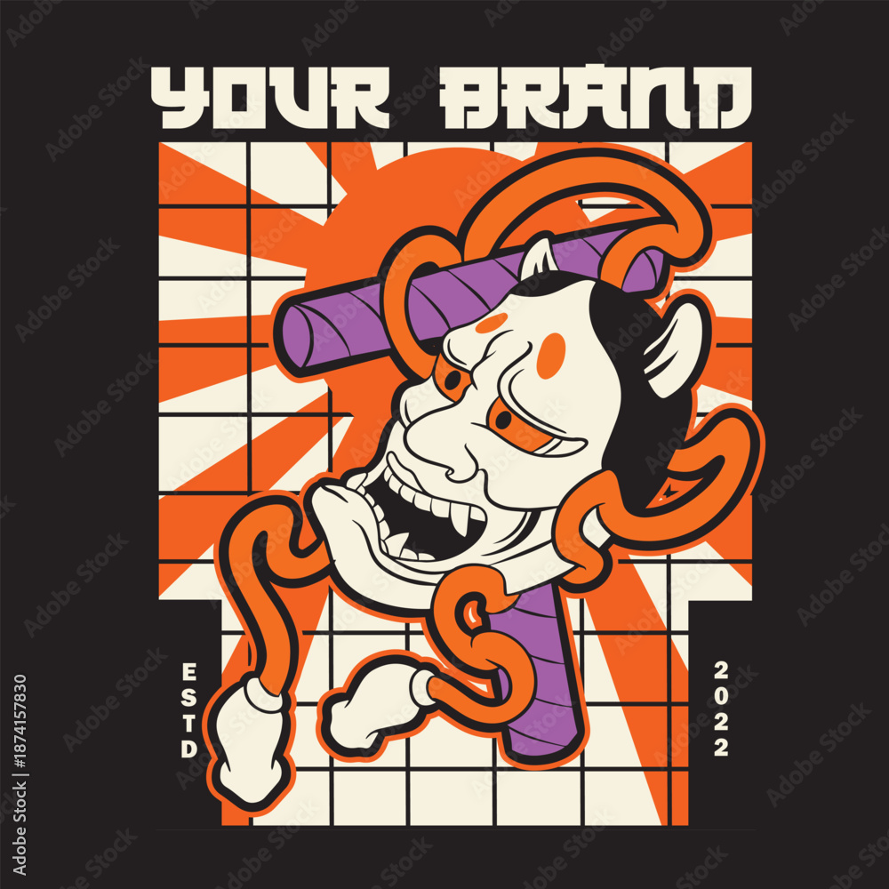 Obraz premium Japanese Demon Oni Mask Logo Design vector illustration