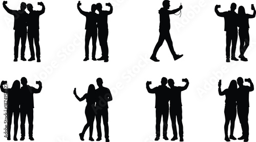 Vector illustration of selfie silhouette icons—symbols for digital photography, social interaction, mobile culture, expressive poses, and modern lifestyle graphics