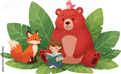 Whimsical illustration of a young girl sitting on green leaves reading a book to a friendly brown bear, red fox, and bird