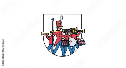 Festive Marching Band Emblem with Traditional Musicians Playing Instruments in Historical Uniforms