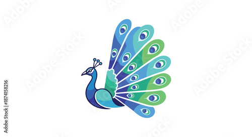 Vibrant abstract peacock illustration featuring majestic fanned tail feathers with stylized eye patterns in striking blue and green hues, a