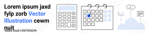 Business planning, financial calculation, task scheduling, cloud technology, data organization, productivity tools. Calculator, calendar with checkmark and cloud with data icons. Business planning