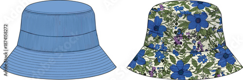 Bucket hat collection illustration, blue denim hat and floral patterned summer cap, casual fashion accessory, trendy headwear vector design set