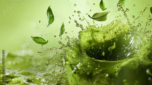 Fresh Matcha Green Tea Splash Background with Floating Leaves and Copy Space