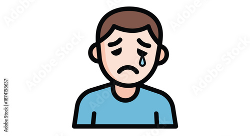 Cartoon person expressing sadness with a tear falling, simple line art emotion