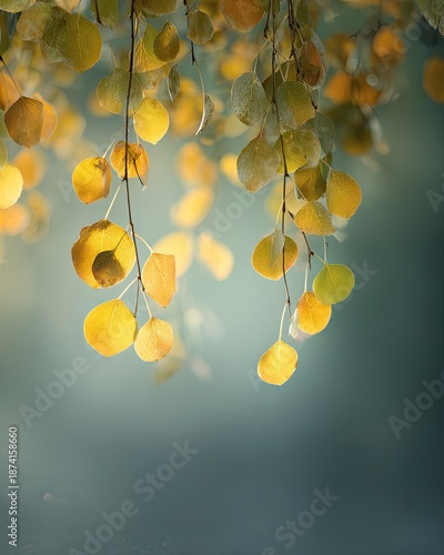 Golden Hanging Aspen Leaves In Autumn