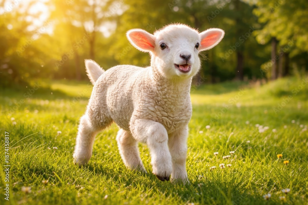 Fototapeta premium Pet lamb merrily exploring a fresh green grass lawn full length summer afternoon