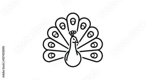 Elegant minimalist outline of a majestic peacock displaying its fanned tail in a sleek, simple illustrative style, ideal for branding, icons, or