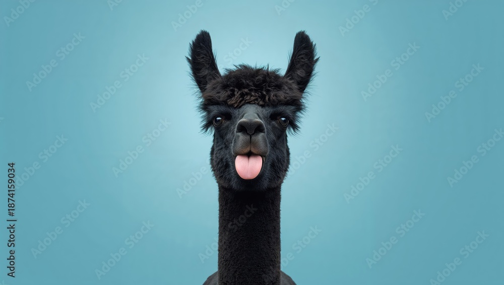 Fototapeta premium Black alpaca with tongue out, highlighting humorous expression, World Animal Day