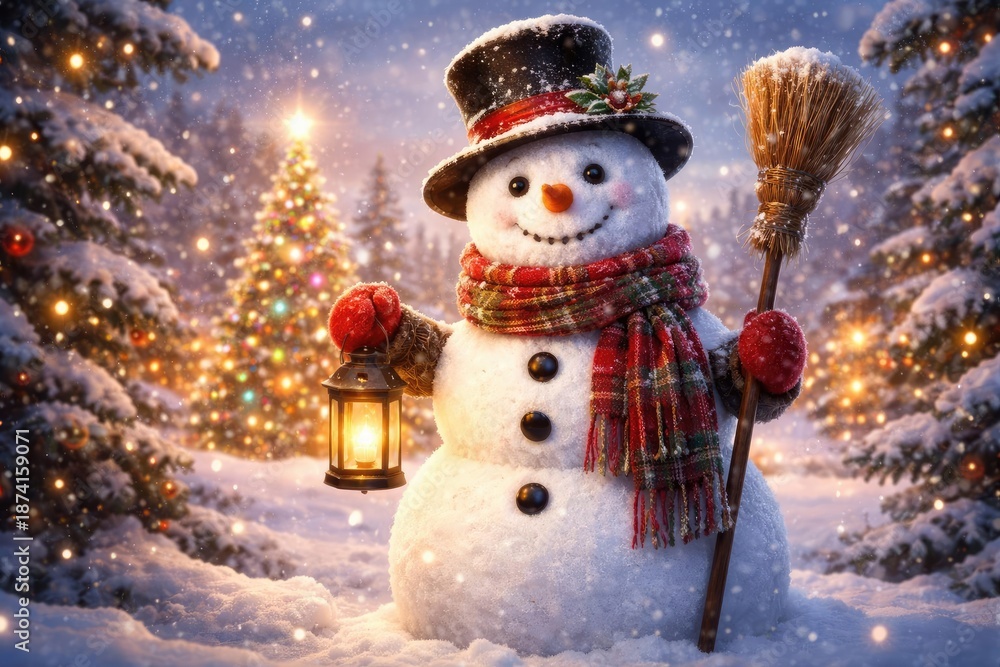Obraz premium Merry snowman standing tall in a wintry setting with holiday spirit