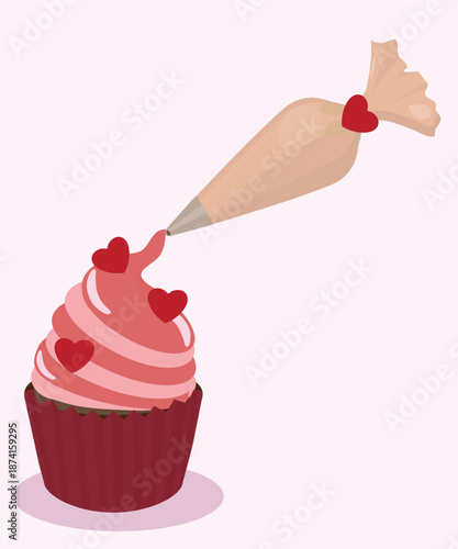  Illustration with a Pink Cupcake at Love Decoration and a Piping Bag