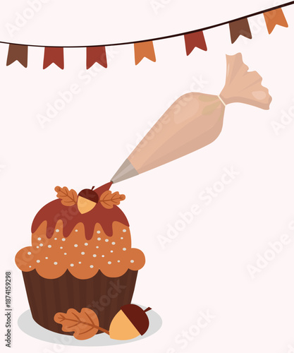  Illustration with Caramel Cupcake at Leaf, Acorn Decoration and Piping Bag